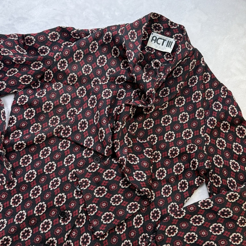 Vintage ACT III Bow Blouse Women's Floral Secretary Top Long Sleeve Disco